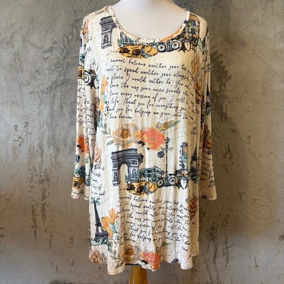 Cato Parisian Floral Script Art Deco Print Top Wmn’s Sz 14/16W - Picture 1 of 10